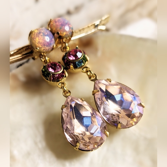 Pink Mystic Fire Opal & Swarovski Flower And Large Pink Crystal Earrings - Picture 2 of 7